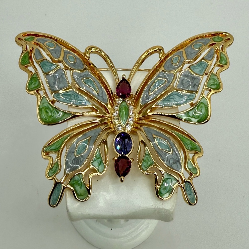 Bob Mackie Rhinestone Enamel Butterfly Brooch Signed Designer Statement Jewelry